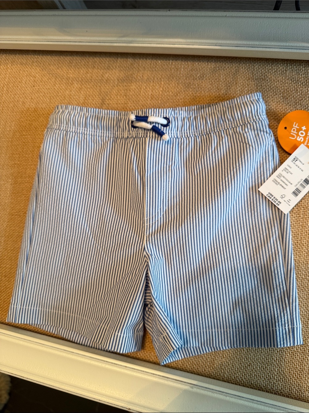 Boys Blue & White Stripe Elastic-Waist Swimmer Shorts